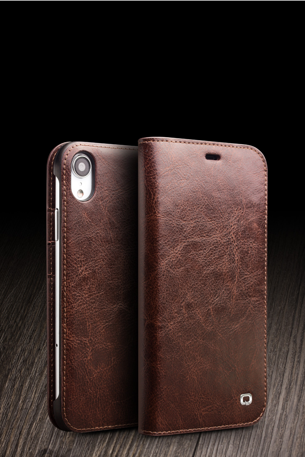 Case de Teléfono de Cuero de Piel de Vaca Qialino Para Iphone XR 6.1 Pulgadas, Protección Completa Folio Flip Wallet Cubierta Móvil - Marrón