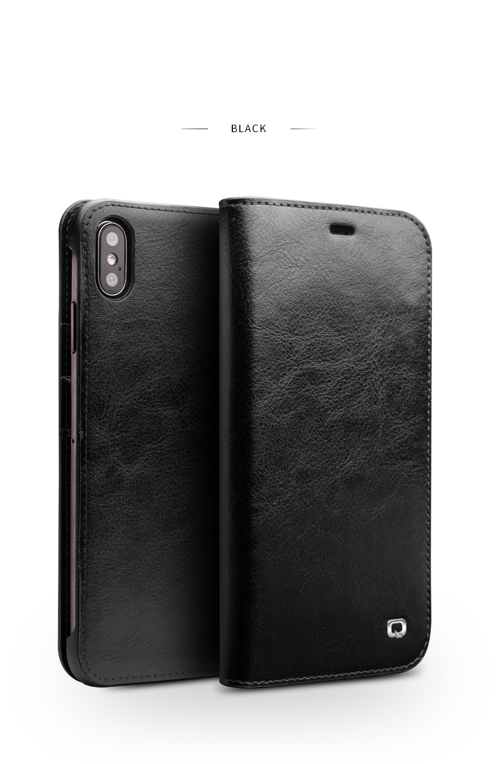 Qialino Para Iphone xs Max 6.5 Pulgadas Case de Billetera de Cuero de Cuero Genuino - Negro