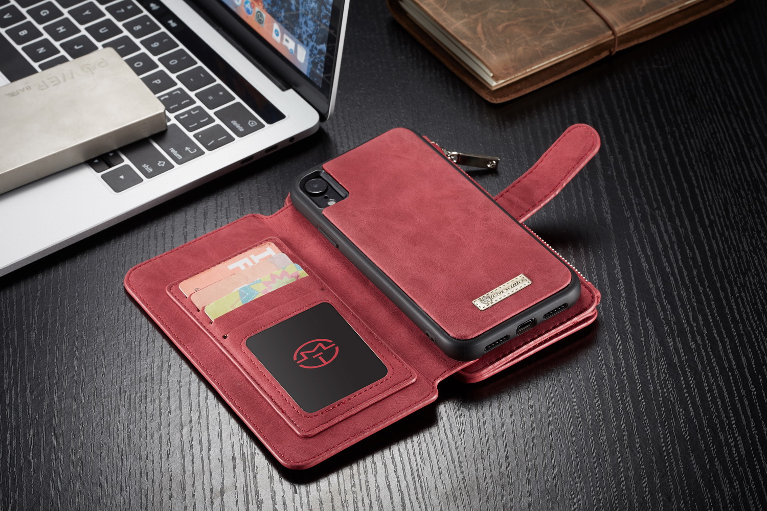 Caseme 007 Série Détachable Détachable Portefeuille à Fermeture Éclair Case de Coque en Cuir Divisée Pour Iphone XR 6,1 Pouces - Rouge