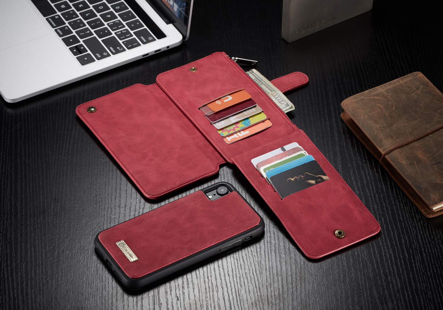 Serie Caseme 007 Stachibile Custodia a Guscio in Pelle Split Per Cerniera da 2 in 1 Per Iphone XR 6.1 Pollici - Rosso