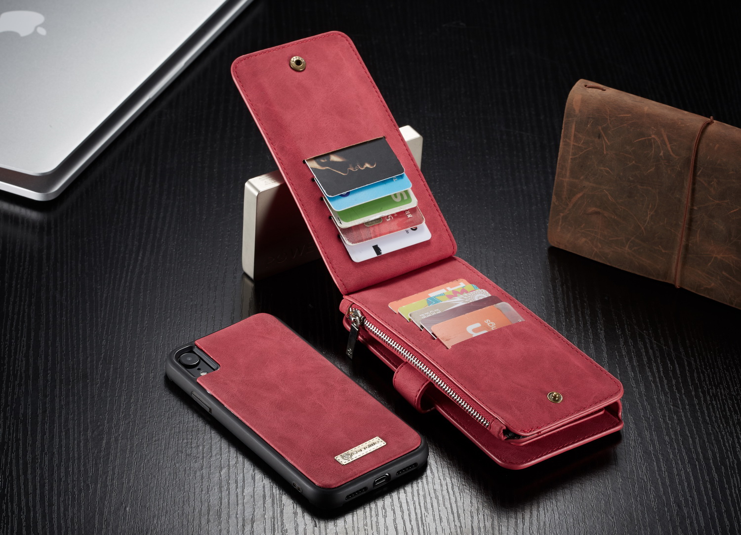 Caseme 007 Série Détachable Détachable Portefeuille à Fermeture Éclair Case de Coque en Cuir Divisée Pour Iphone XR 6,1 Pouces - Rouge