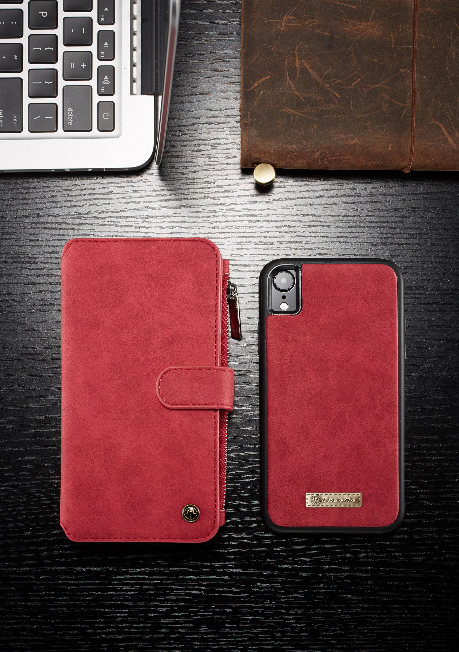 Caseme 007 Serie Ripe de Cuero Dividido de la Billetera 2-en-1 de la Cremallera Para Iphone XR 6.1 Pulgadas - Rojo