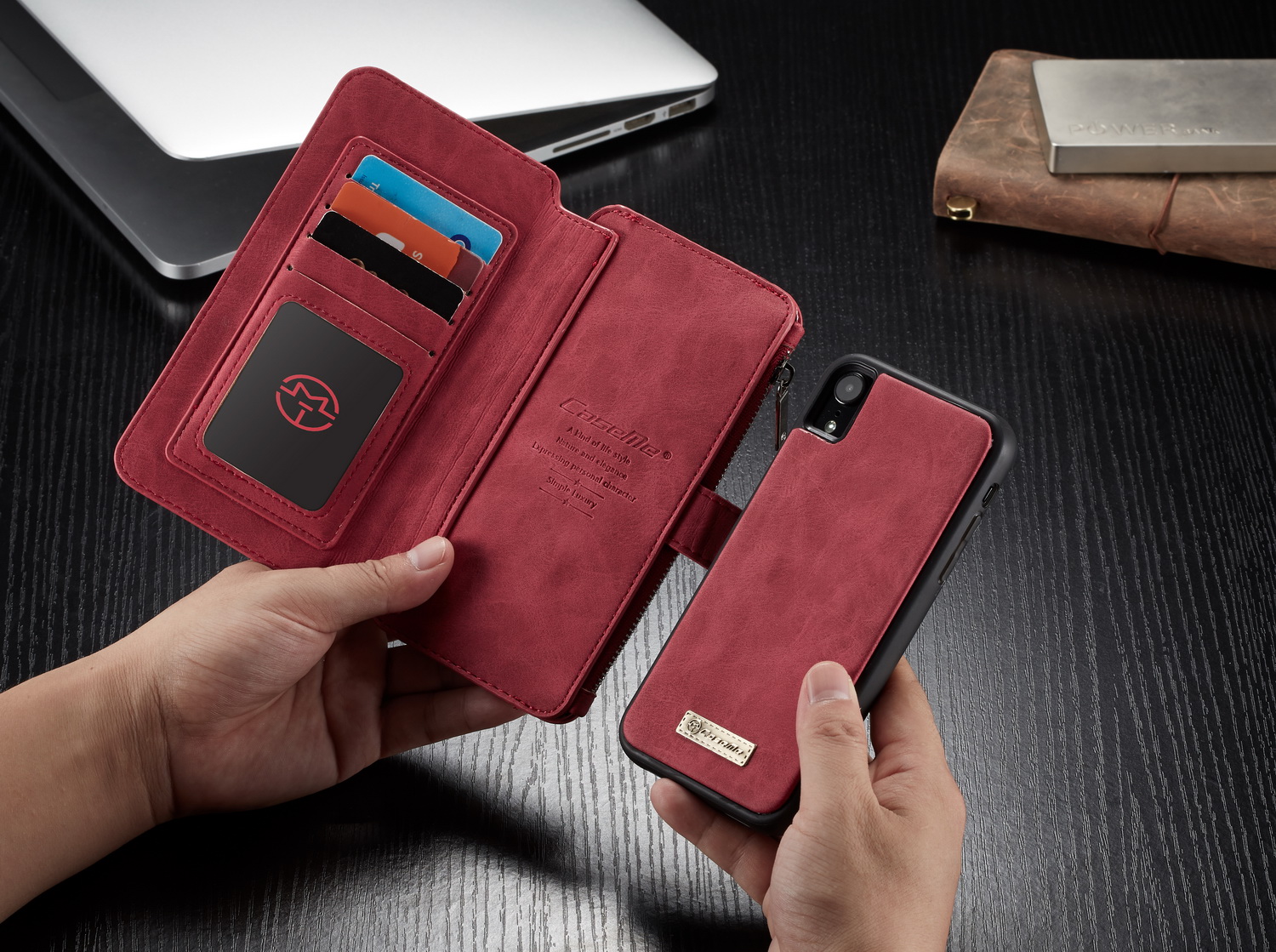 Caseme 007 Série Détachable Détachable Portefeuille à Fermeture Éclair Case de Coque en Cuir Divisée Pour Iphone XR 6,1 Pouces - Rouge