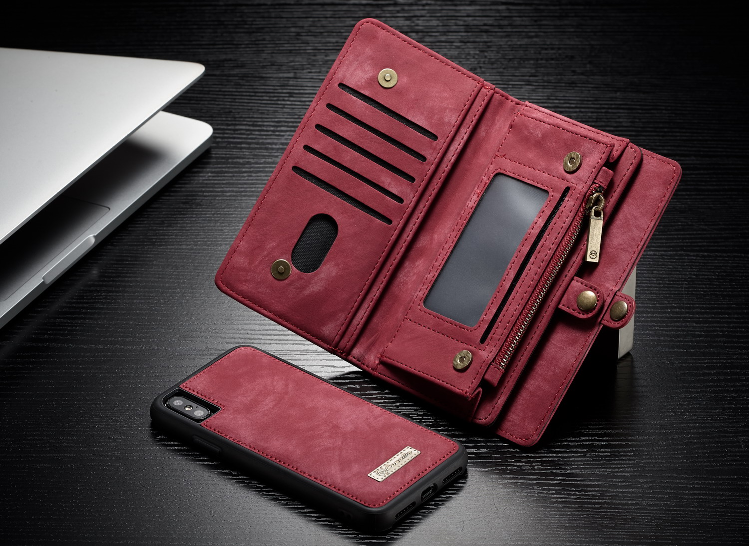 Caseme Vintage PU Leather Détachable Détachable 2-en-1 Couverture de Téléphone de Portefeuille Multi-employés Pour Iphone xs 5,8 Pouces - Rouge