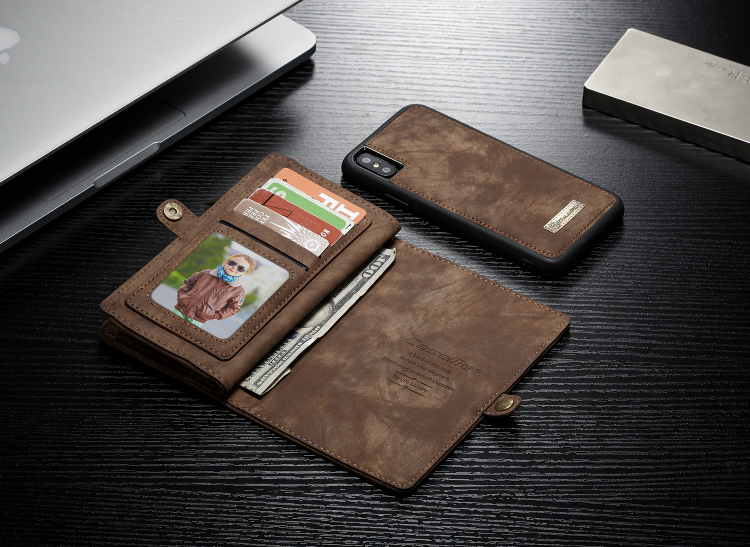 Caseme Vintage PU Leather Desmontable 2 en 1 Billetera Múltiple Billetera Cubierta de la Portada de Teléfono Móvil Para Iphone xs 5.8 Pulgadas - Marrón