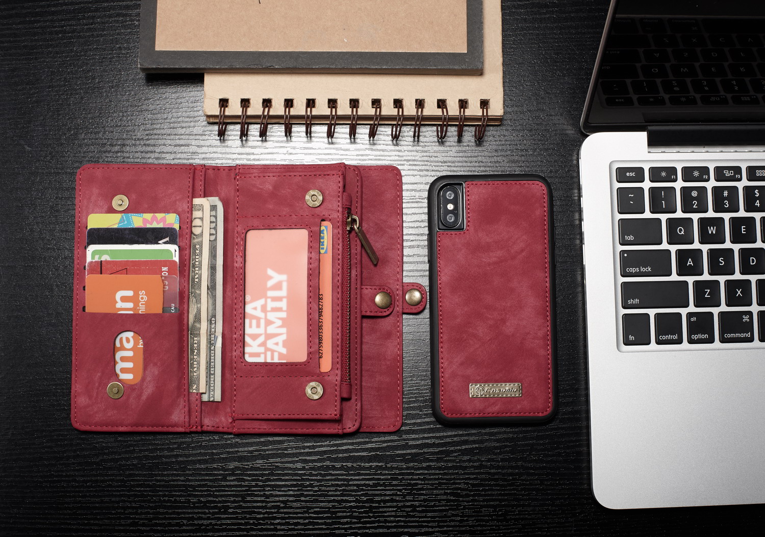 Caseme Vintage PU Leder Abnehmbar 2-in-1 Multi-slot Wallet-telefonabdeckung Für Iphone xs 5,8 Zoll - Rot