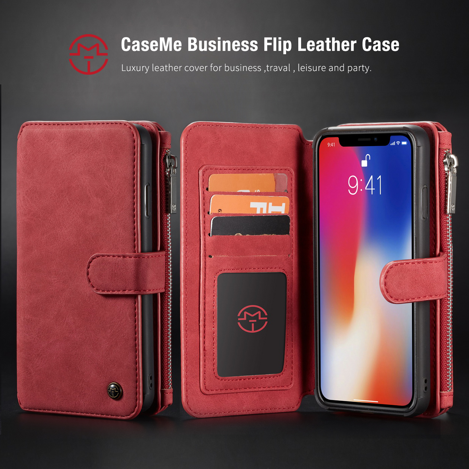 Caseme 007 Série Détachable Portefeuille À Glissière 2-en-1 Couvercle De Téléphone Cellulaire En Cuir Split Pour IPhone XS Max 6,5 Pouces - Rouge