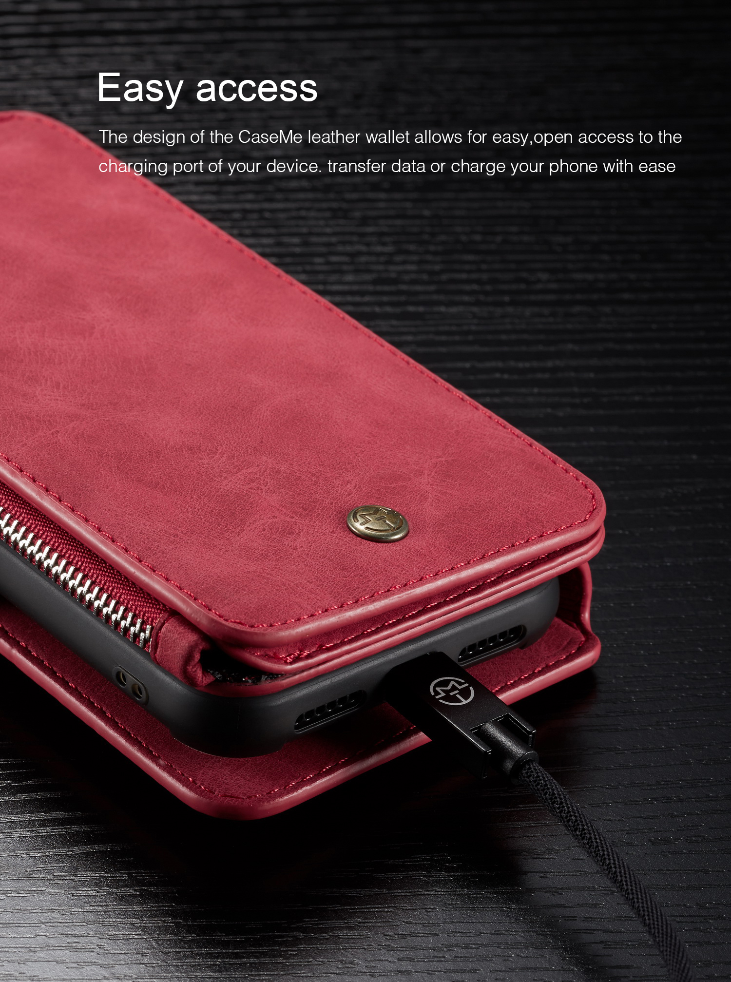 Caseme 007 Series Detachable 2-1 Zipper Wallet Funda De Teléfono Celular De Cuero Dividido Para IPhone XS MAX 6,5 Pulgadas - Rojo