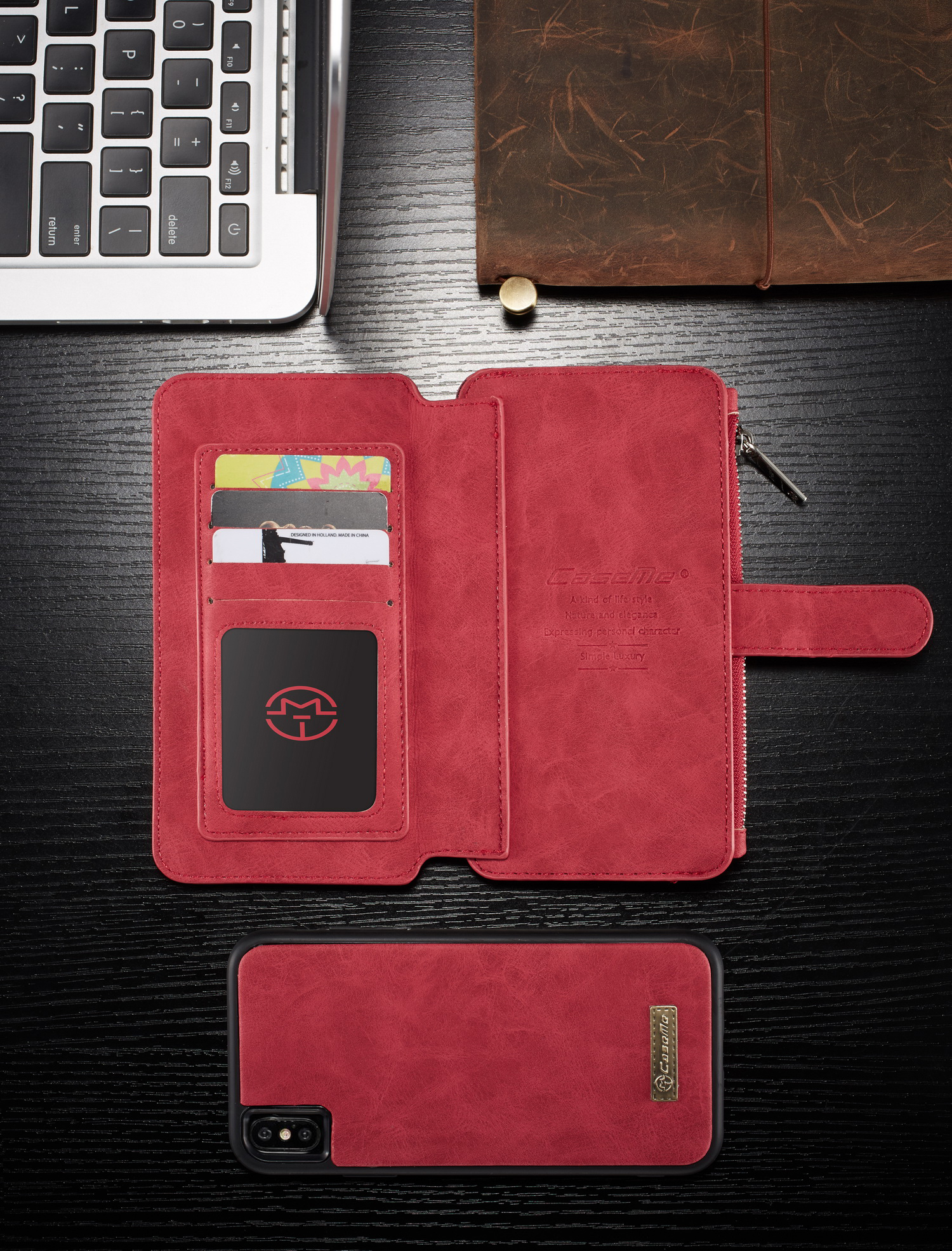 Caseme 007 Series Staccabile 2-in-1 Zipper Portafoglio Copertura Per Cellulare In Pelle Divisa Per IPhone XS Max 6,5 Pollici - Rosso