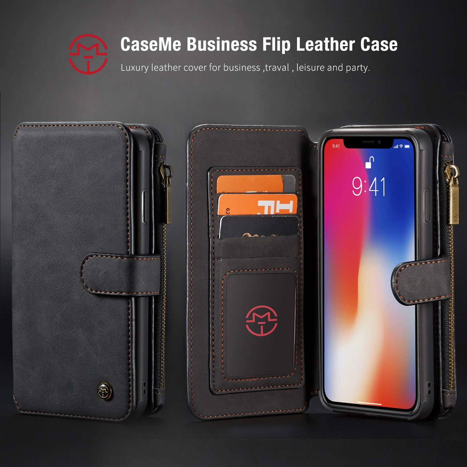 Caseme 007 Série Détachable Portefeuille À Glissière 2-en-1 Couvercle De Téléphone Cellulaire En Cuir Split Pour IPhone XS Max 6,5 Pouces - Rouge