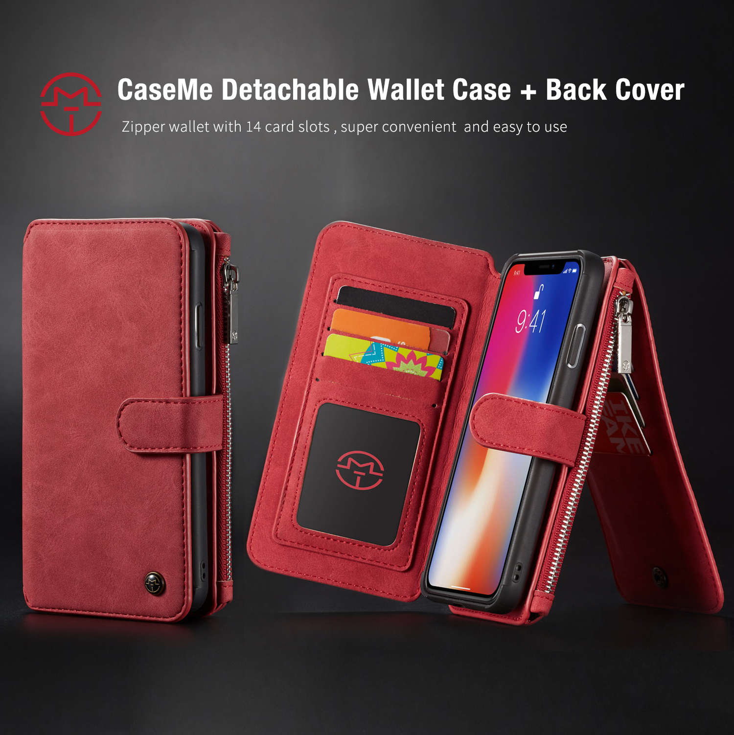 Caseme 007 Series Detachable 2-1 Zipper Wallet Funda De Teléfono Celular De Cuero Dividido Para IPhone XS MAX 6,5 Pulgadas - Rojo