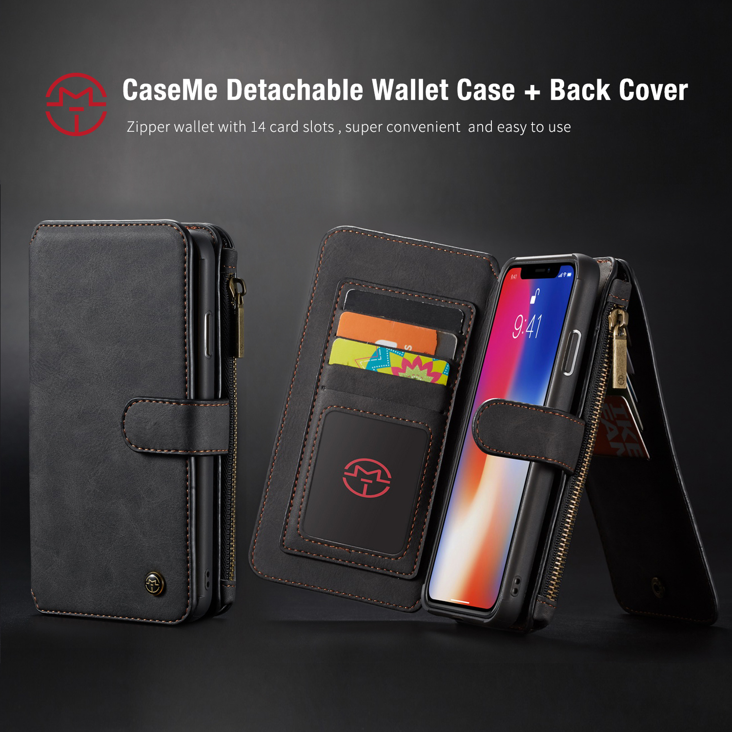 Casime 007 Série Destacável 2-em-1 Zipper Wallet Split Capa De Celular De Celular Para IPhone XS Max 6.5 Polegadas - Vermelho