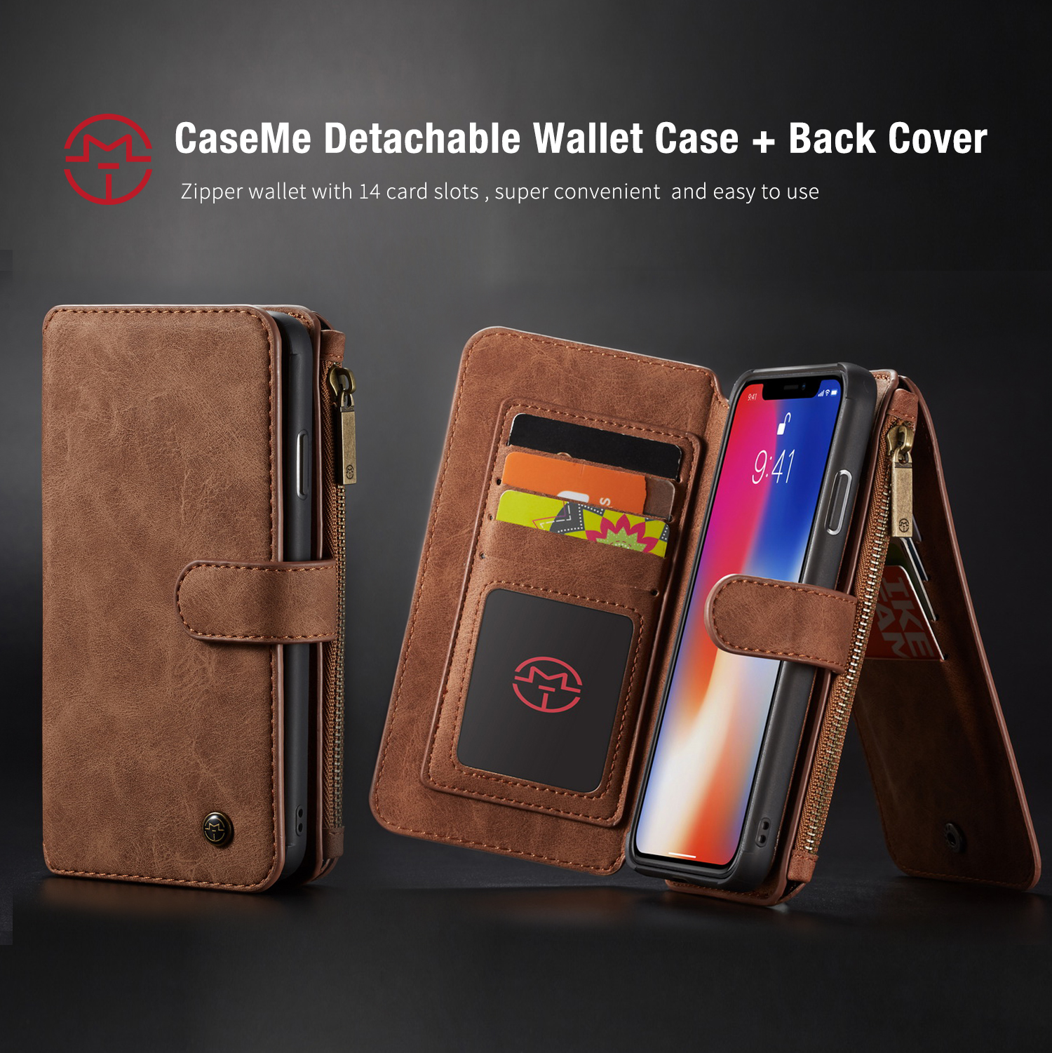 Casime 007 Série Destacável 2-em-1 Zipper Wallet Split Capa De Celular De Celular Para IPhone XS Max 6.5 Polegadas - Vermelho