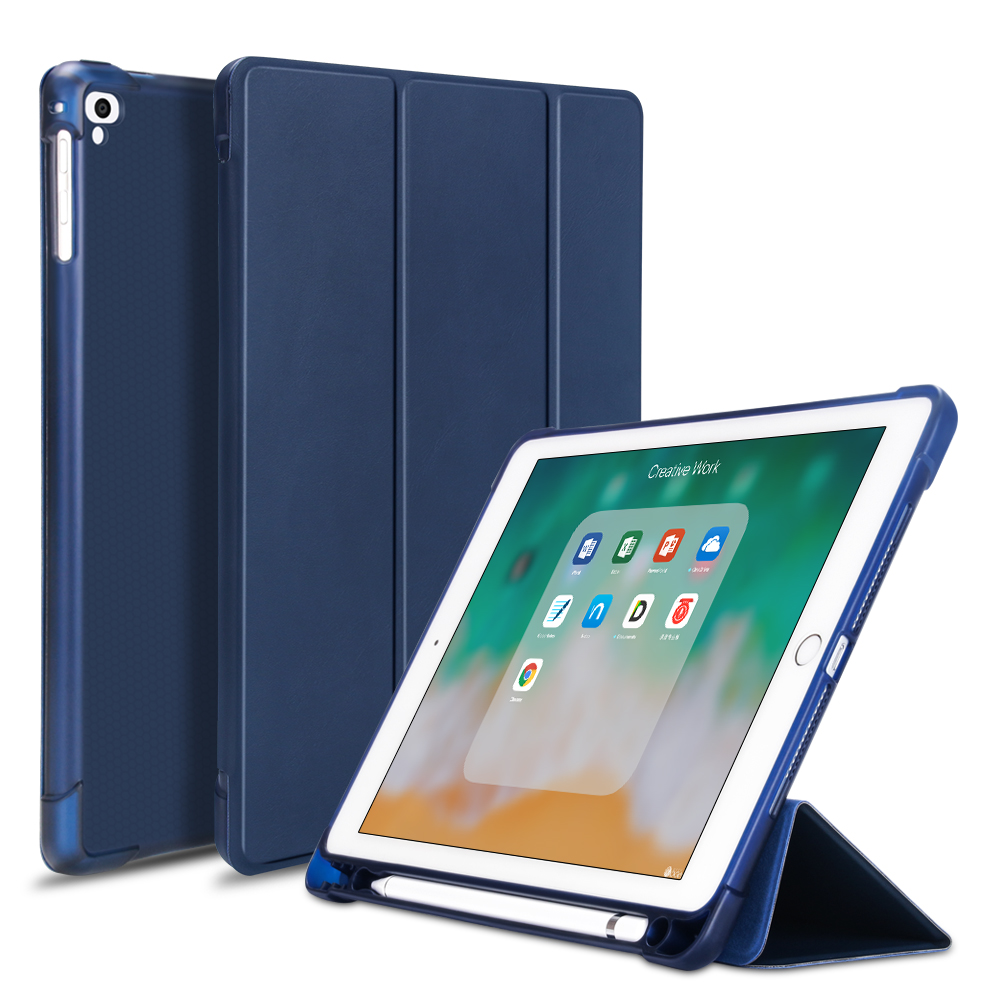 Protection D'angle pu Leather TPU Back Shell Tri-fold Stand Sleep Auto Sleep / Wake Couvercle Avec Porte-crayon Pour Ipad 9.7 Pouces (2018) / (2017) / Ipad Air 2 / iPad Air (2013) - or Rose