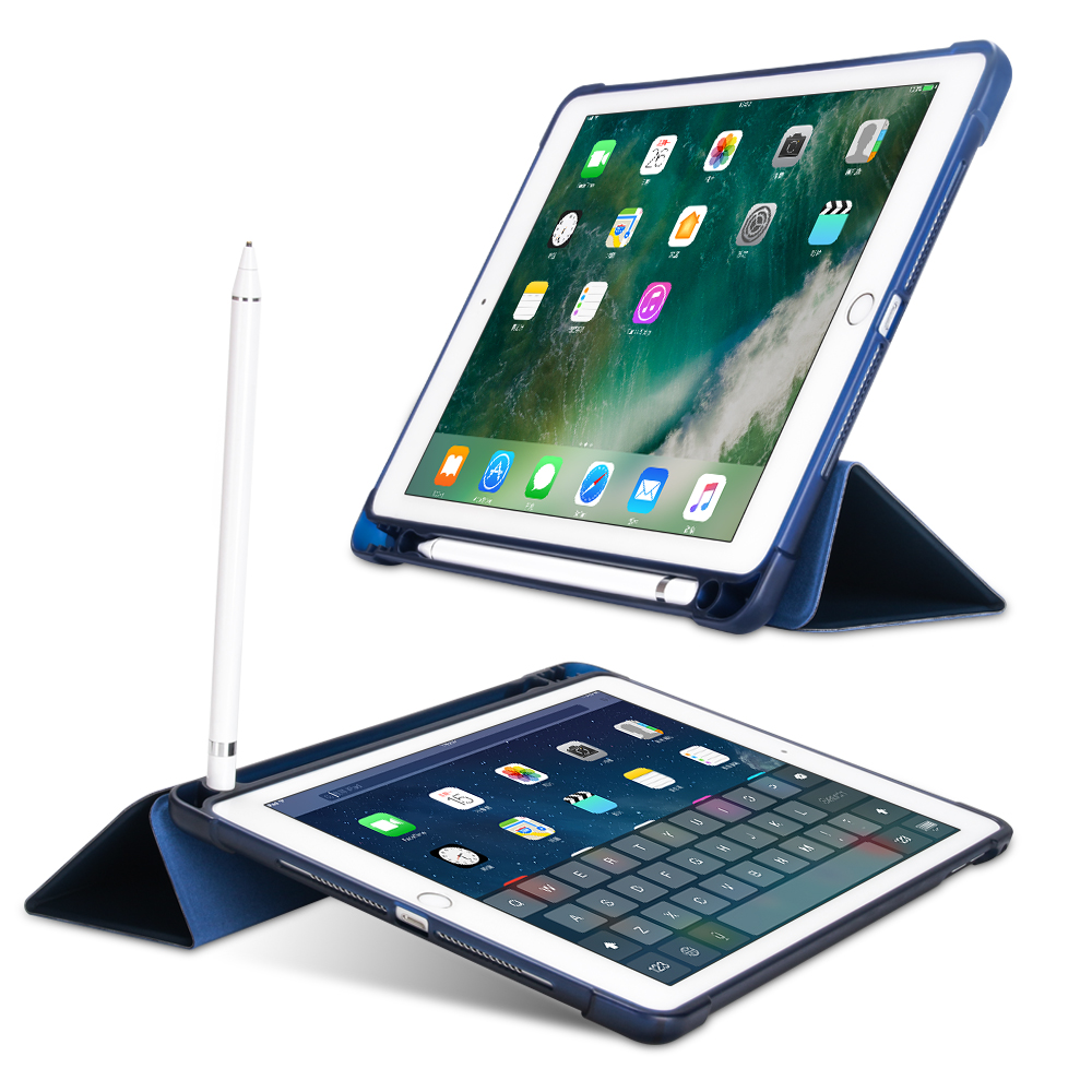 Eckschutz PU Leder TPU Back Shell Tri-fold Stand Auto Sleep/Wake Cover Mit Bleistifthalter Für Ipad 9,7 Zoll (2018)/(2017) / Ipad Air 2 / iPad Air (2013) - Schwarz