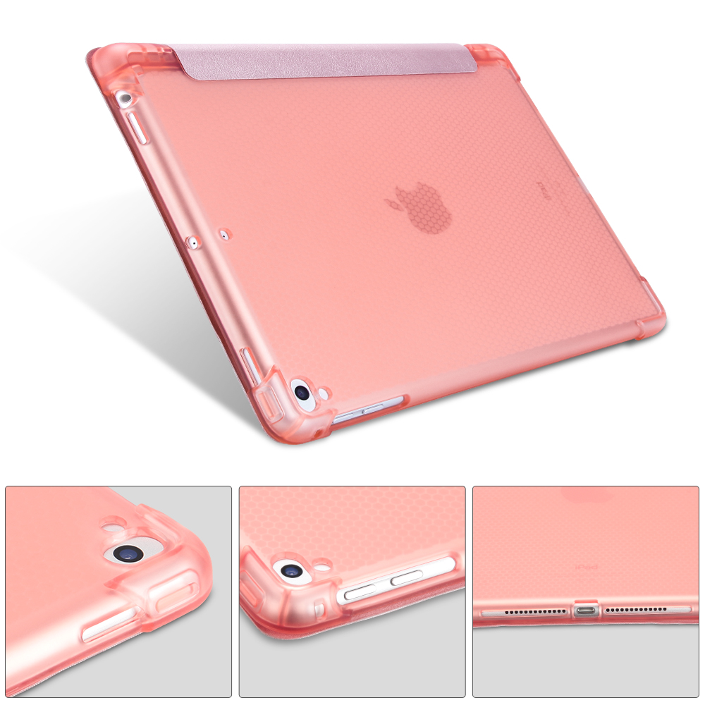 Protection D'angle pu Leather TPU Back Shell Tri-fold Stand Sleep Auto Sleep / Wake Couvercle Avec Porte-crayon Pour Ipad 9.7 Pouces (2018) / (2017) / Ipad Air 2 / iPad Air (2013) - or Rose