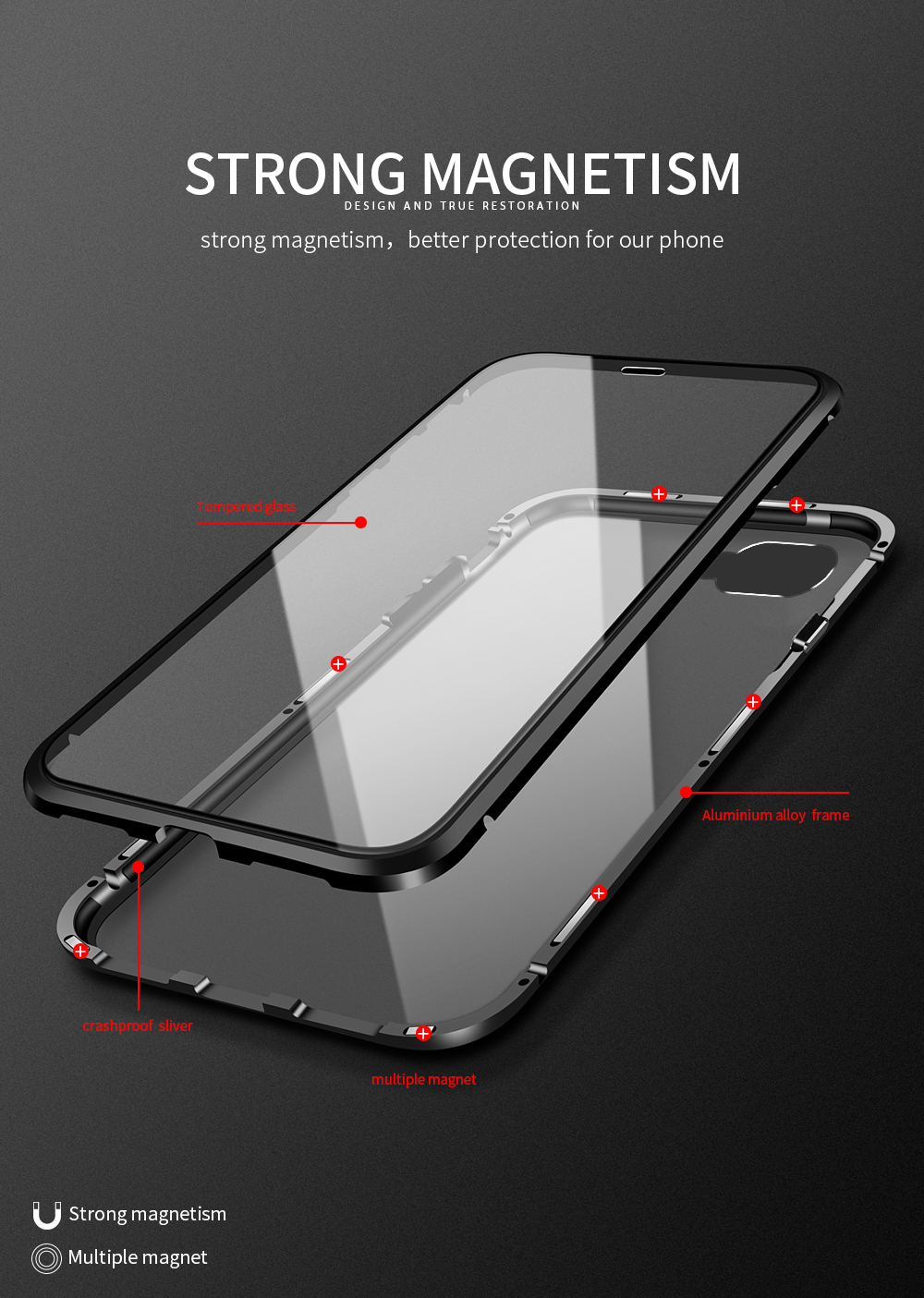 Protezione Completa Del Telefono Di Vetro Temperato Del Telaio Magnetico Per IPhone 8 Plus / 7 Più 5,5 Pollici - D'argento