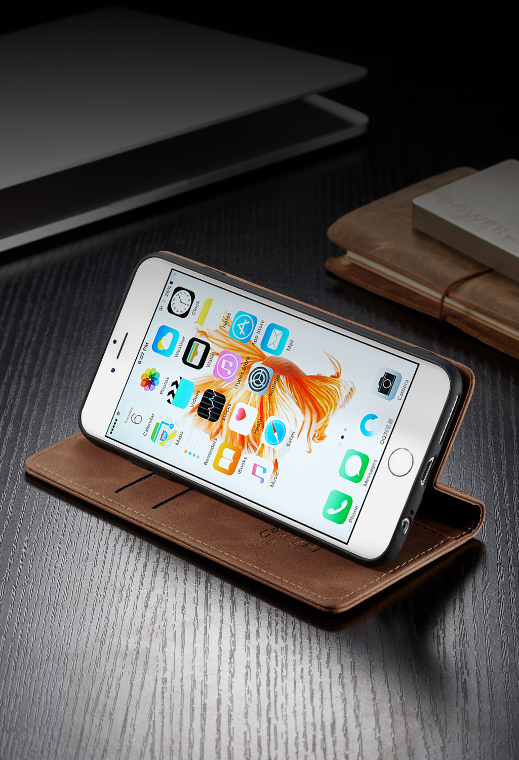 Caseme 013 Serie Auto-absorbido PU Leather Willet Stand Para Iphone 6s Plus / 6 Más 5.5 Pulgadas - Caqui