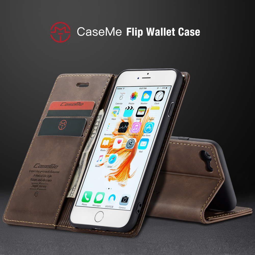 Caseme 013 Serie Auto-absorbido PU Leather Willet Stand Para Iphone 6s Plus / 6 Más 5.5 Pulgadas - Caqui