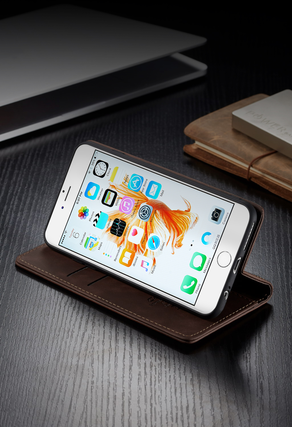 Caseme 013 Serie Auto-absorbido PU Cuero de Cuero Stand Fase Para Iphone 6s / 6 4.7 Pulgadas - Café