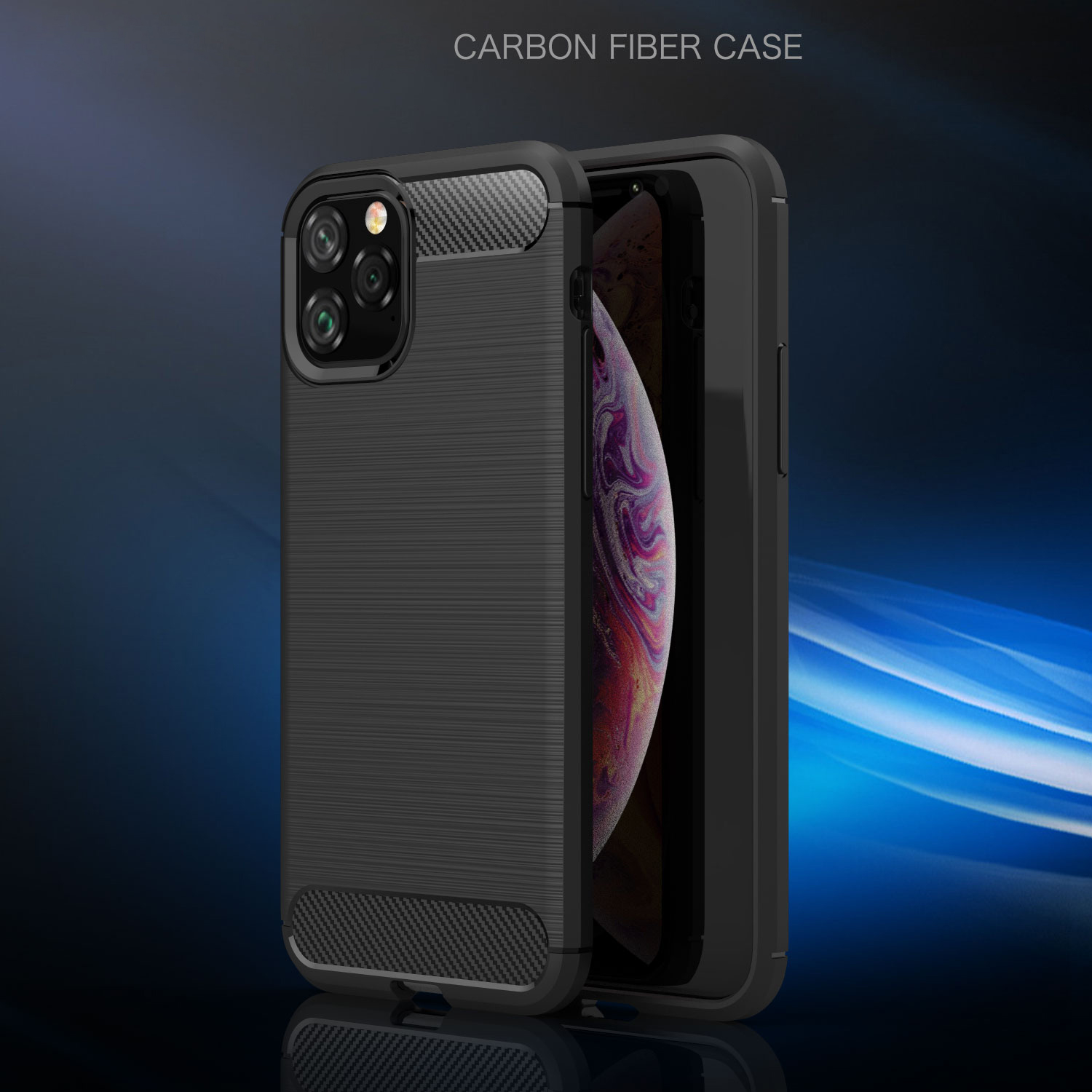 Étui de Téléphone TPU Brossé en Fibre de Carbone Pour Iphone 11 Pro 5,8 Pouces (2019) - Bleu Foncé