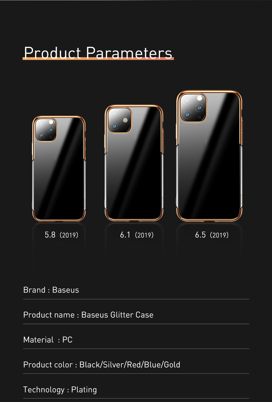 Baseus Glitter Series Chapado de Protección de Teléfono de PC Duro Para Iphone 11 6.1 Pulgadas (2019) - Negro