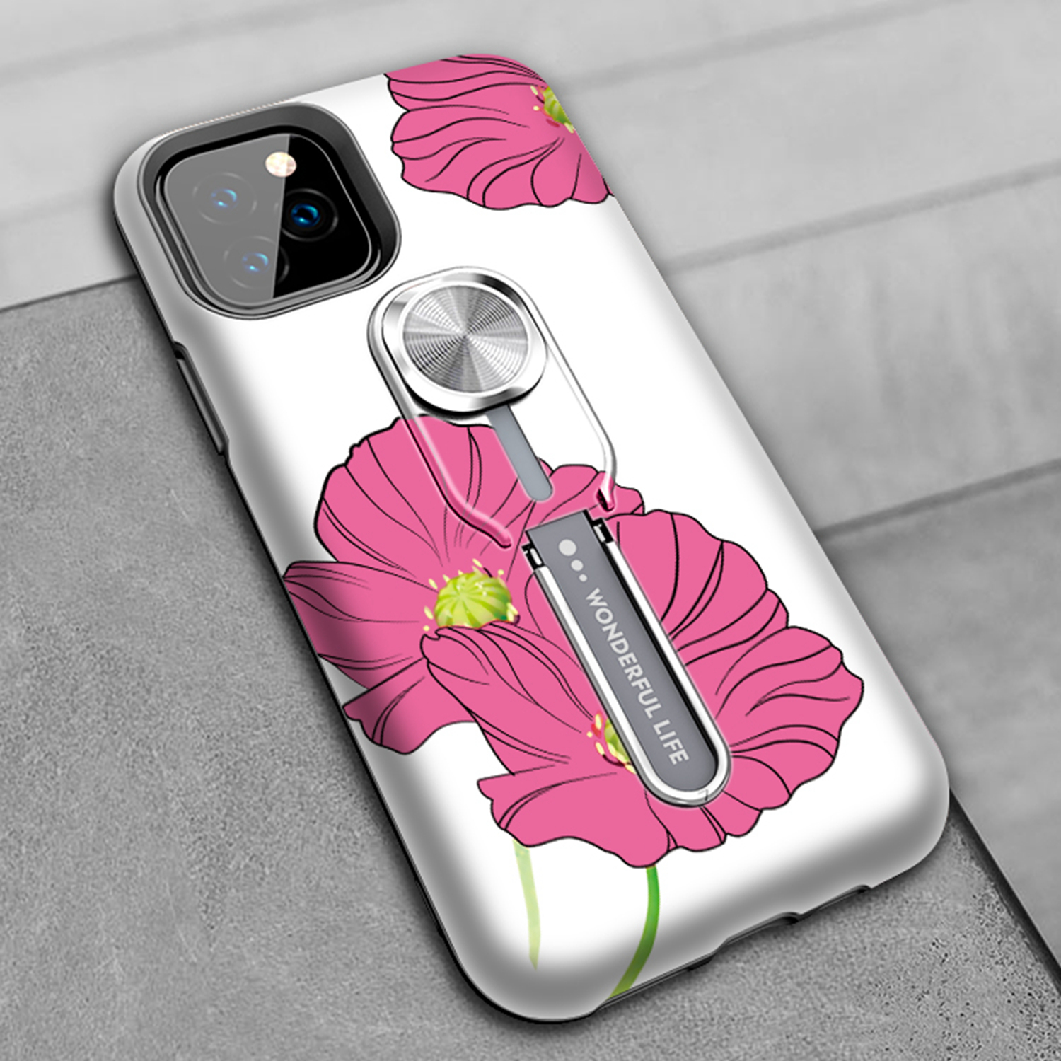 UV Light Color-changing Flower Pattern TPU+PC Phone Case with Finger Ring for iPhone 11 Pro 5.8 inch (2019) - Red Flower-13