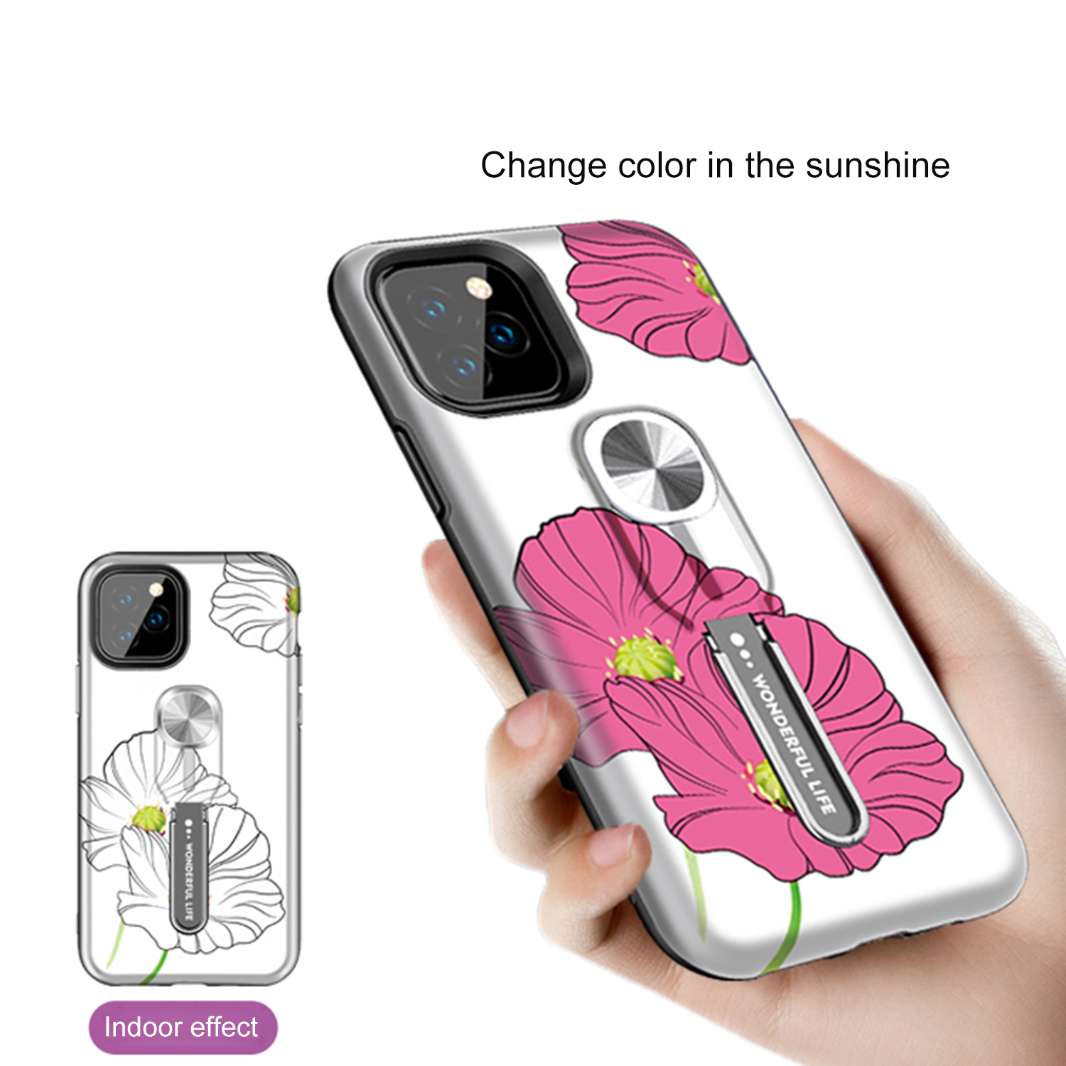 UV Light Color-changing Flower Pattern TPU+PC Phone Case with Finger Ring for iPhone 11 Pro 5.8 inch (2019) - Red Flower-5