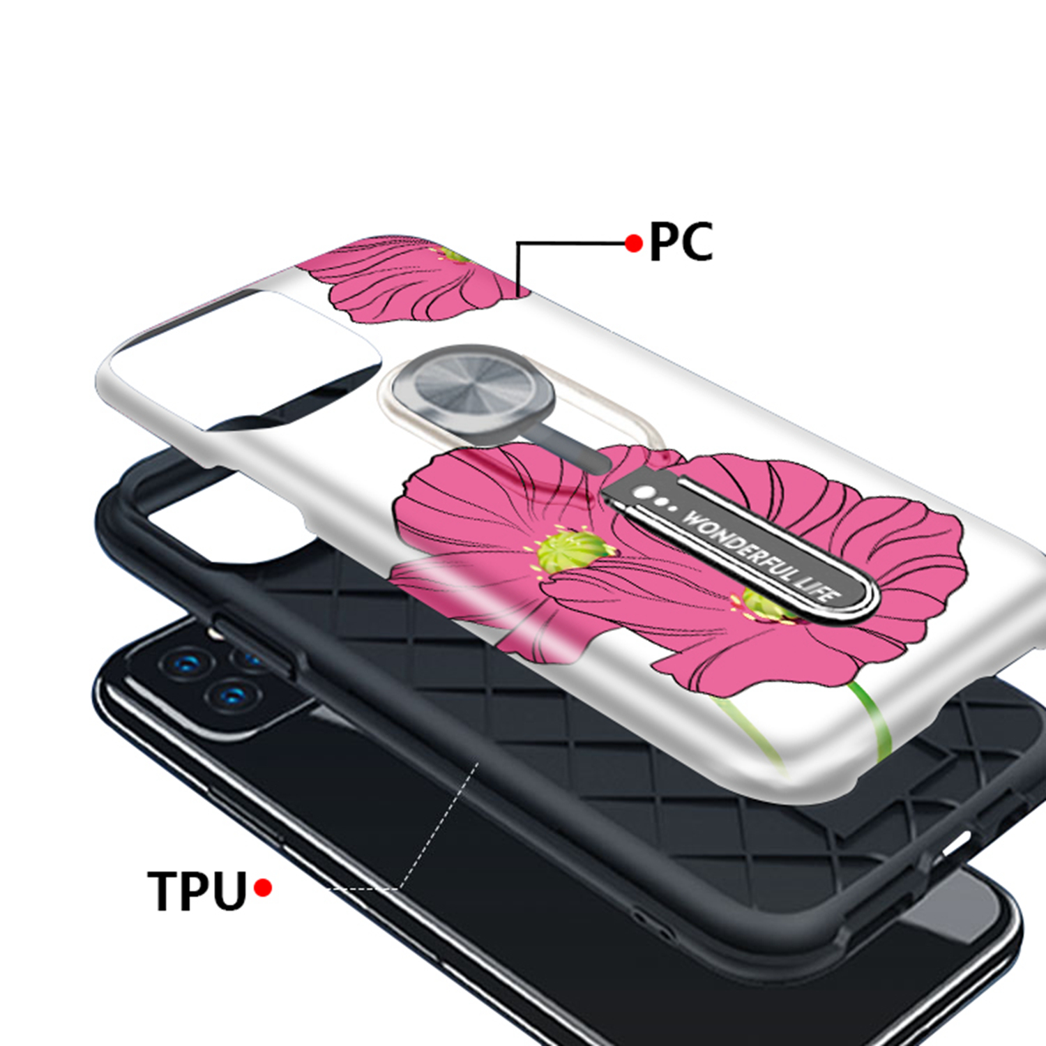 UV Light Color-changing Flower Pattern TPU+PC Phone Case with Finger Ring for iPhone 11 Pro 5.8 inch (2019) - Red Flower-7
