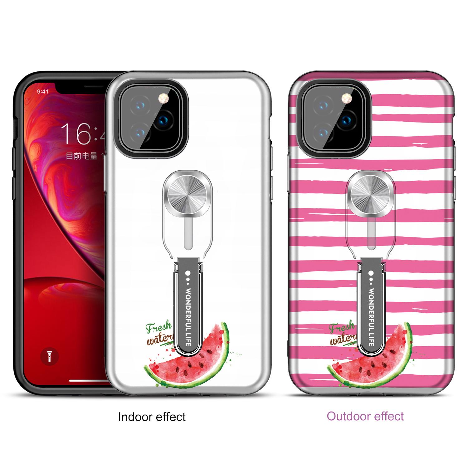UV Light Color-changing Flower Pattern TPU+PC Phone Case with Finger Ring for iPhone 11 Pro 5.8 inch (2019) - Watermelon-1