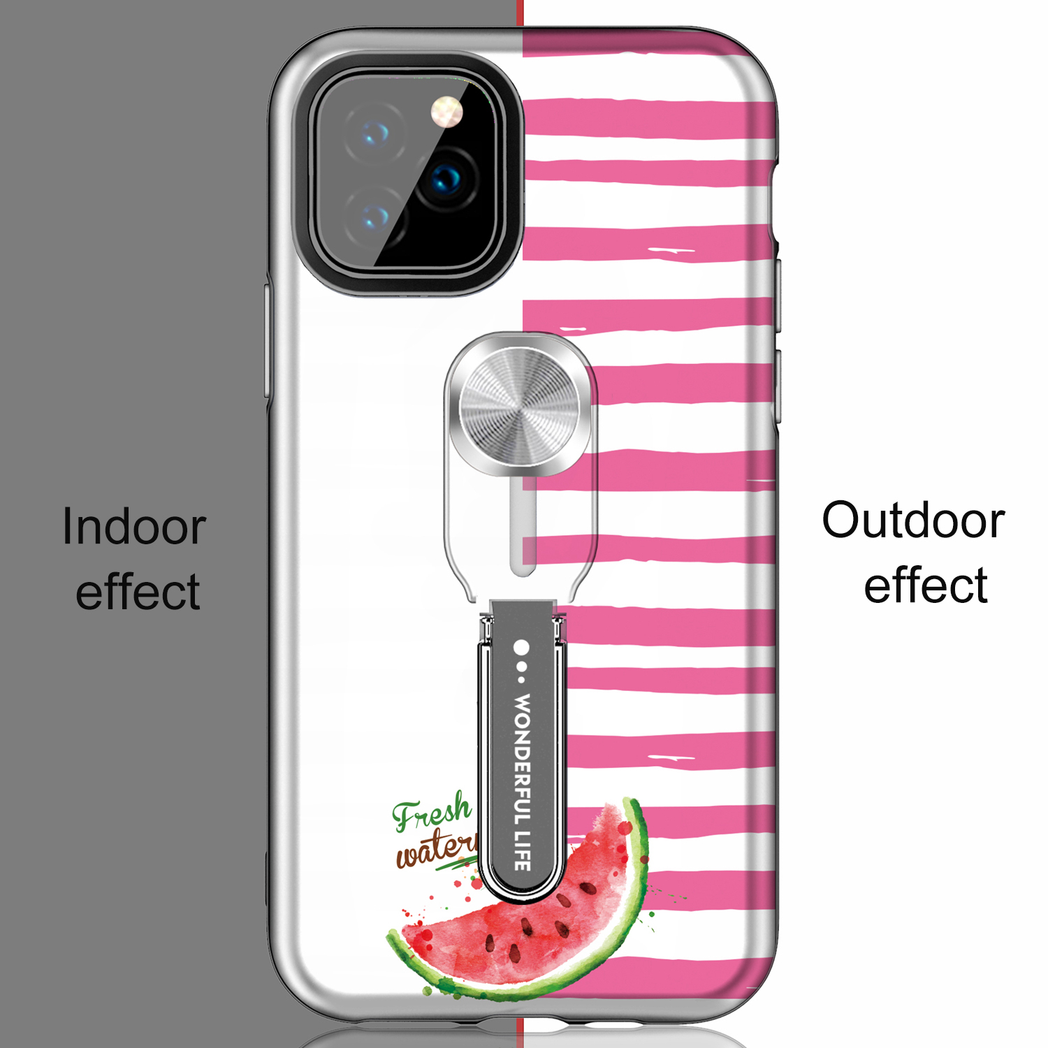 UV Light Color-changing Flower Pattern TPU+PC Phone Case with Finger Ring for iPhone 11 Pro 5.8 inch (2019) - Watermelon-11