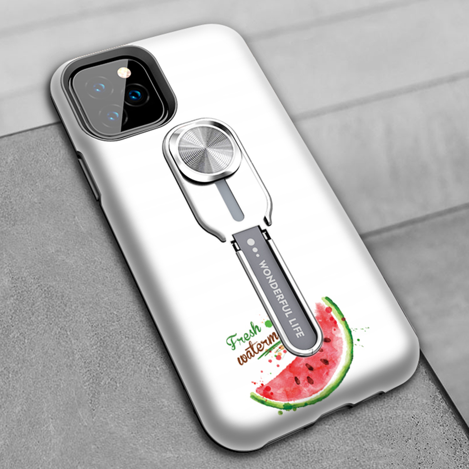 UV Light Color-changing Flower Pattern TPU+PC Phone Case with Finger Ring for iPhone 11 Pro 5.8 inch (2019) - Watermelon-12