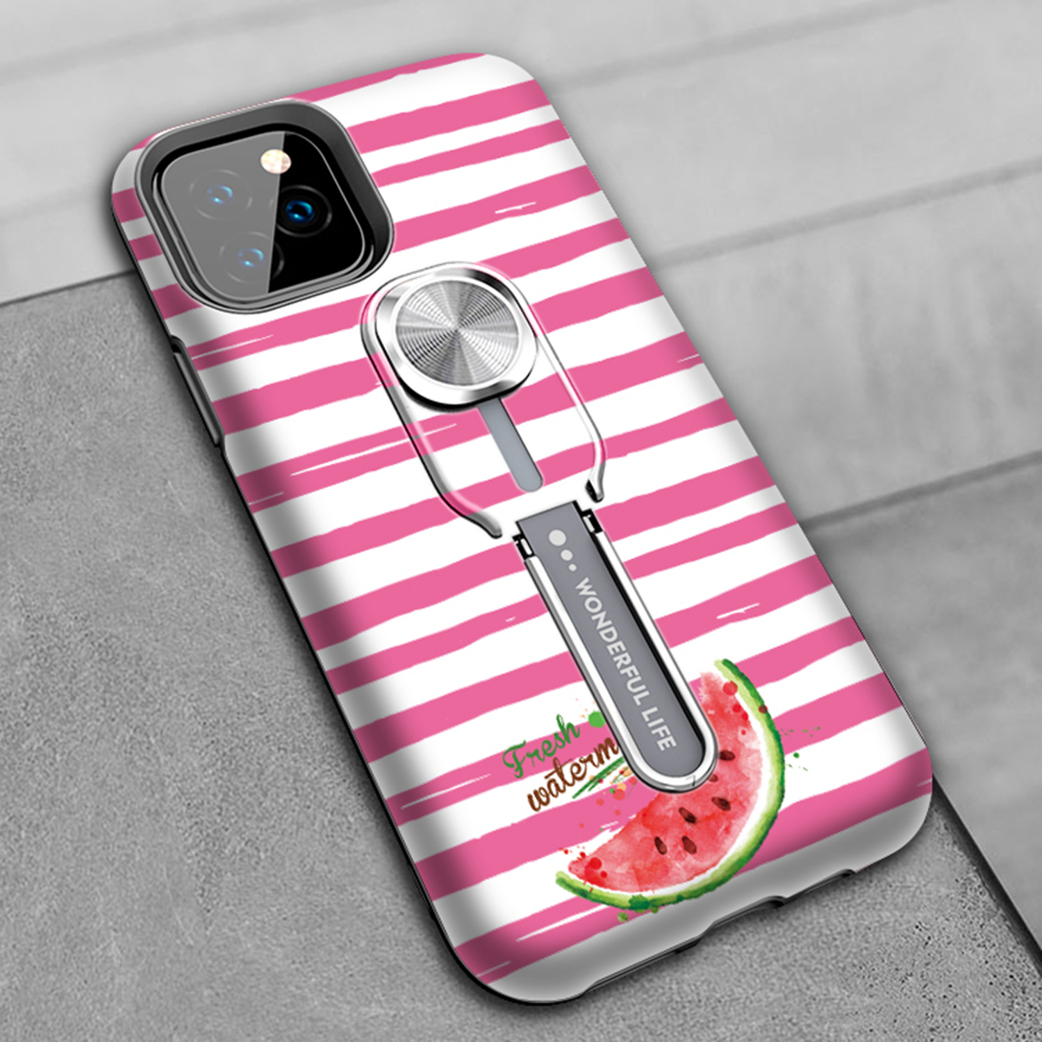 UV Light Color-changing Flower Pattern TPU+PC Phone Case with Finger Ring for iPhone 11 Pro 5.8 inch (2019) - Watermelon-13