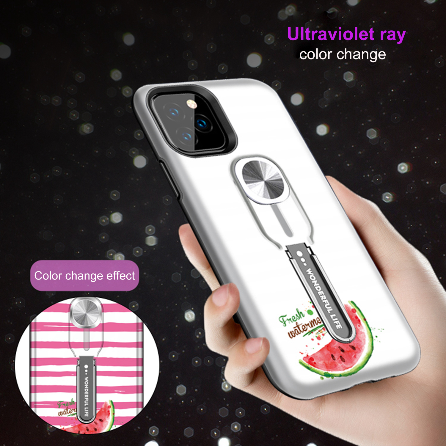 UV Light Color-changing Flower Pattern TPU+PC Phone Case with Finger Ring for iPhone 11 Pro 5.8 inch (2019) - Watermelon-2