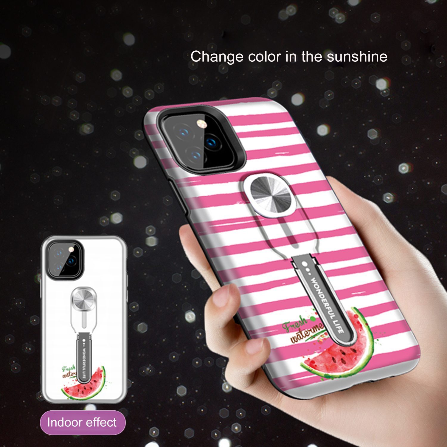 UV Light Color-changing Flower Pattern TPU+PC Phone Case with Finger Ring for iPhone 11 Pro 5.8 inch (2019) - Watermelon-3
