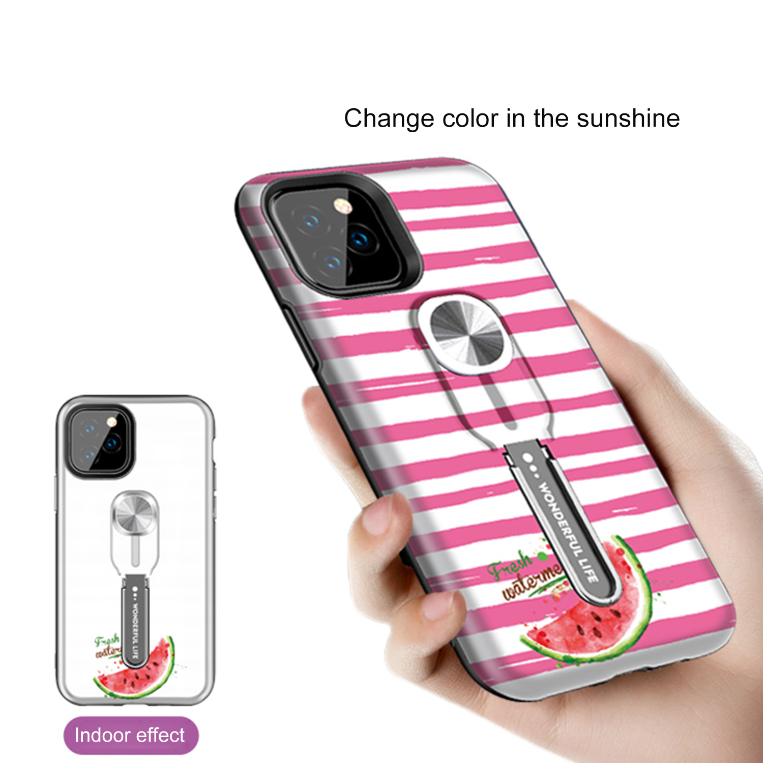 UV Light Color-changing Flower Pattern TPU+PC Phone Case with Finger Ring for iPhone 11 Pro 5.8 inch (2019) - Watermelon-5