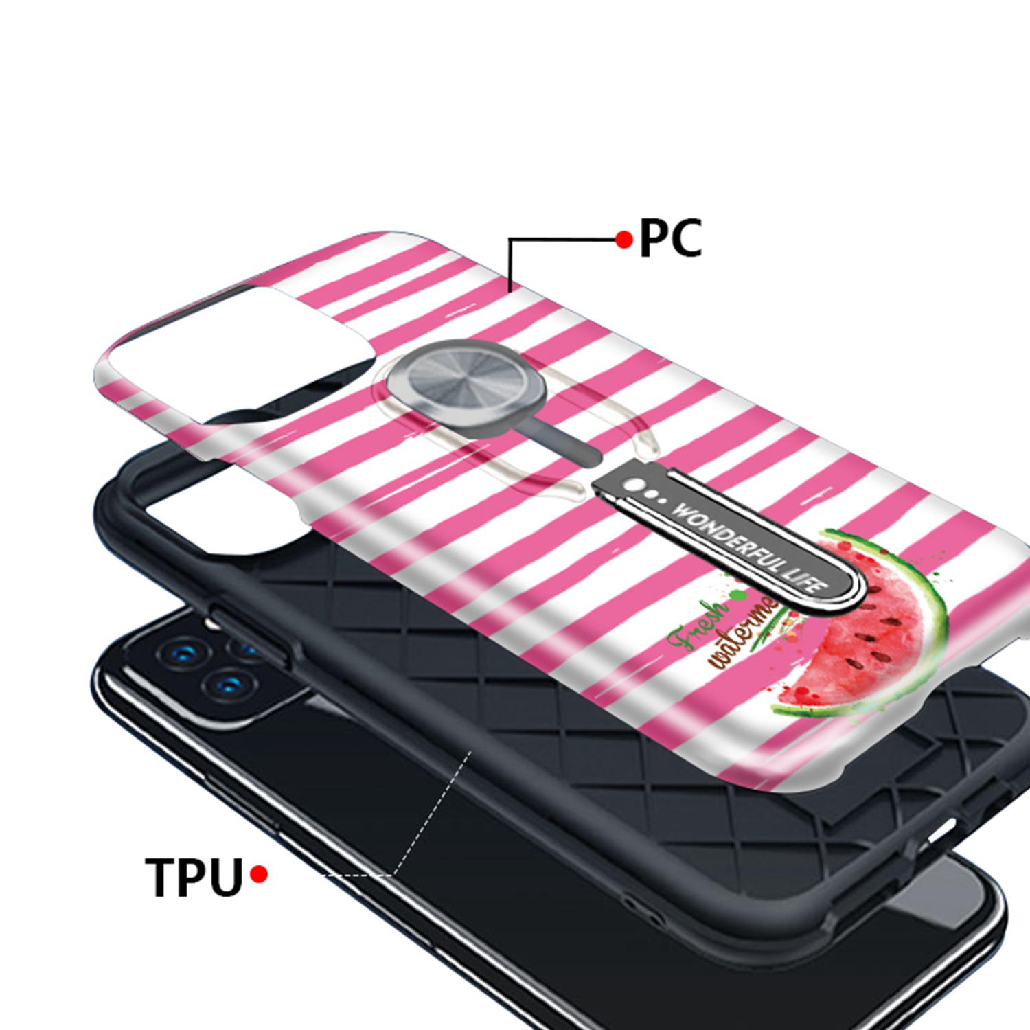 UV Light Color-changing Flower Pattern TPU+PC Phone Case with Finger Ring for iPhone 11 Pro 5.8 inch (2019) - Watermelon-7