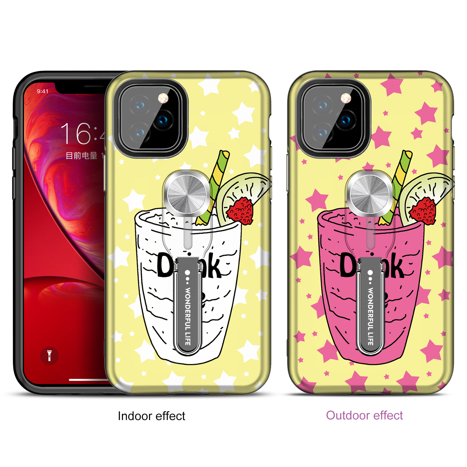 UV Light Color-changing Flower Pattern TPU+PC Phone Case with Finger Ring for iPhone 11 Pro 5.8 inch (2019) - Drink-1