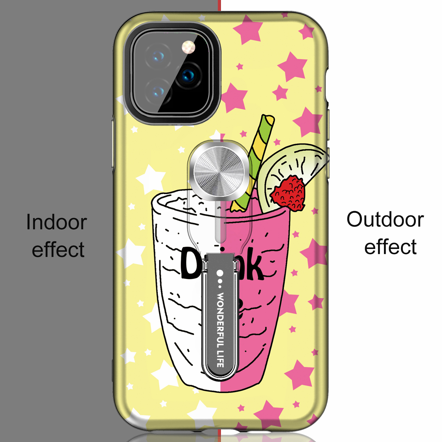 UV Light Color-changing Flower Pattern TPU+PC Phone Case with Finger Ring for iPhone 11 Pro 5.8 inch (2019) - Drink-11