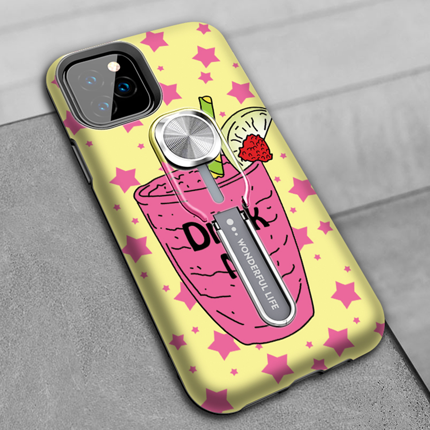 UV Light Color-changing Flower Pattern TPU+PC Phone Case with Finger Ring for iPhone 11 Pro 5.8 inch (2019) - Drink-12
