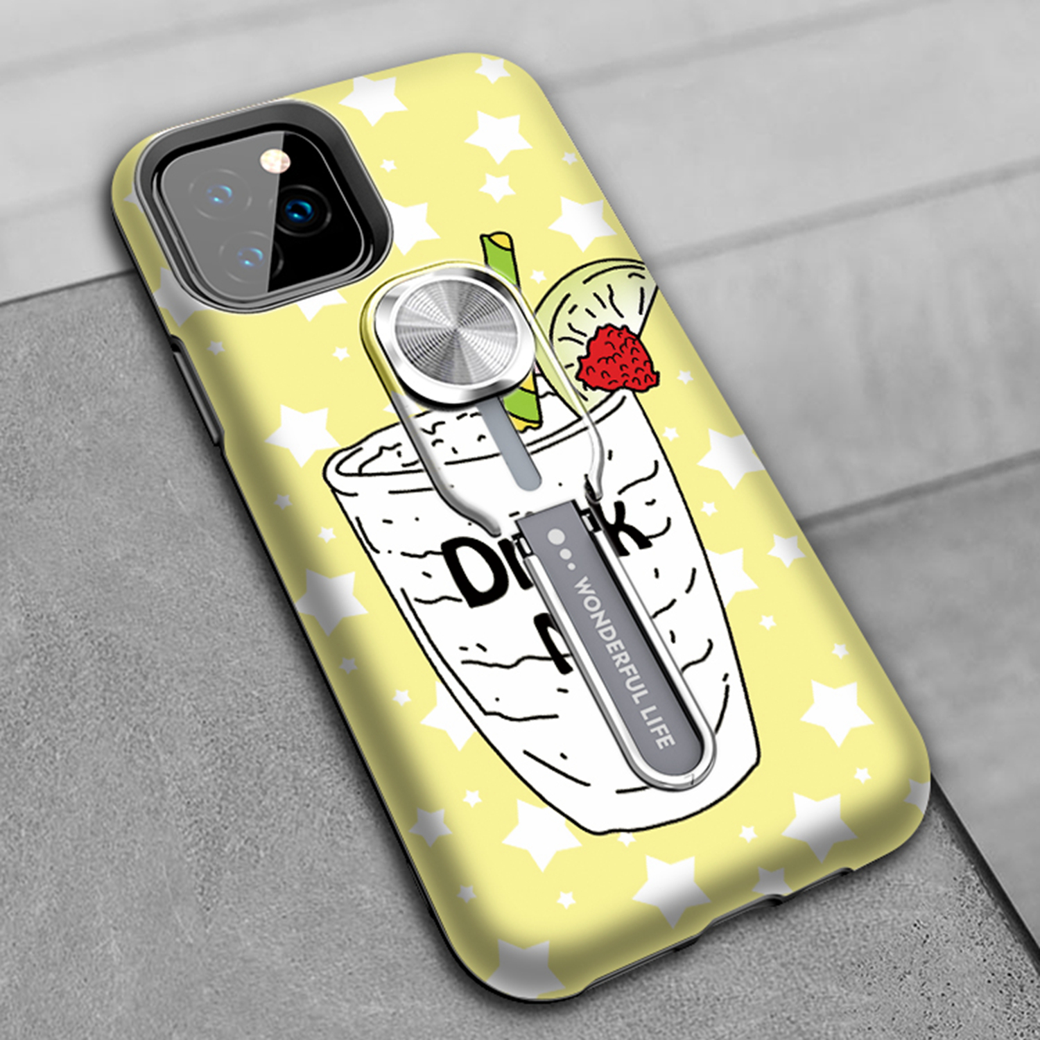 UV Light Color-changing Flower Pattern TPU+PC Phone Case with Finger Ring for iPhone 11 Pro 5.8 inch (2019) - Drink-13