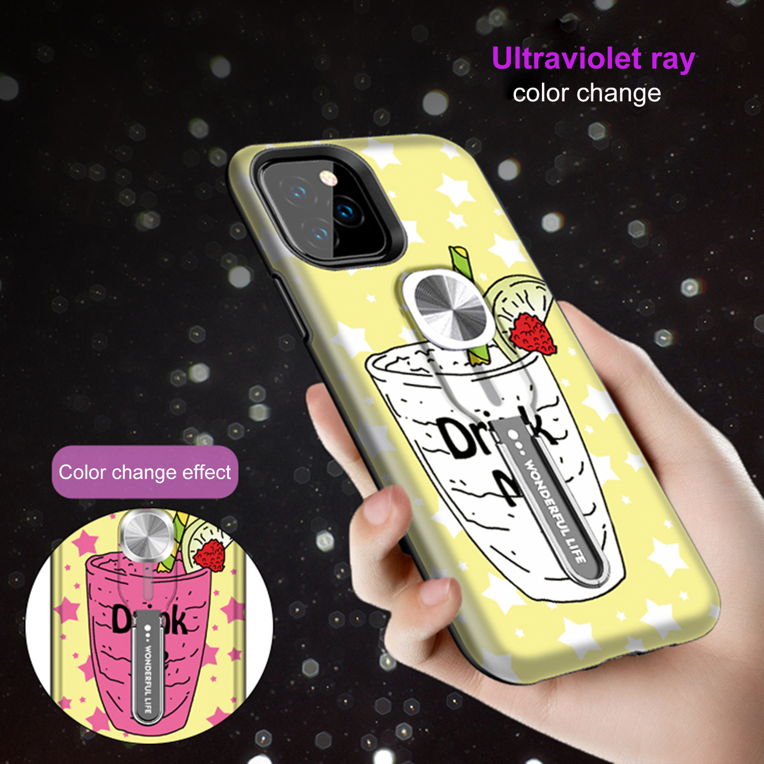UV Light Color-changing Flower Pattern TPU+PC Phone Case with Finger Ring for iPhone 11 Pro 5.8 inch (2019) - Drink-2
