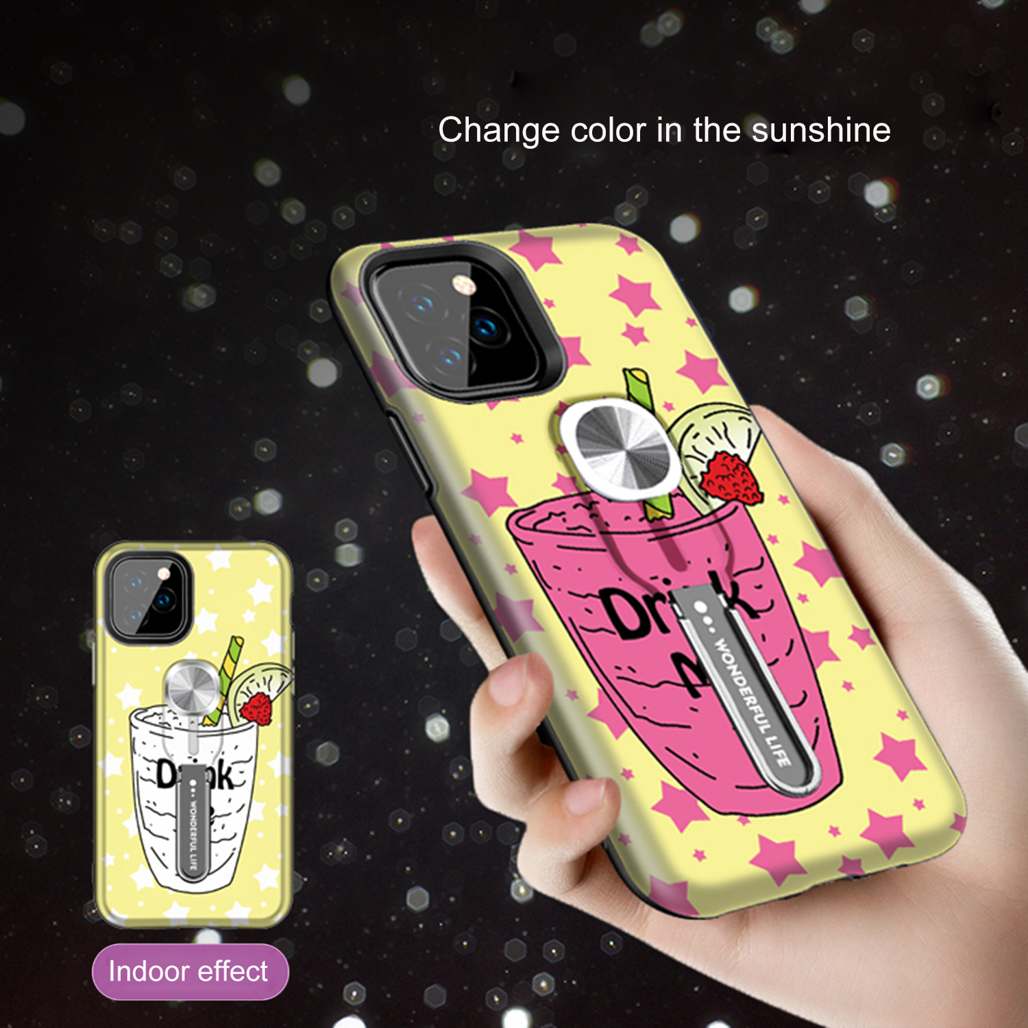 UV Light Color-changing Flower Pattern TPU+PC Phone Case with Finger Ring for iPhone 11 Pro 5.8 inch (2019) - Drink-3