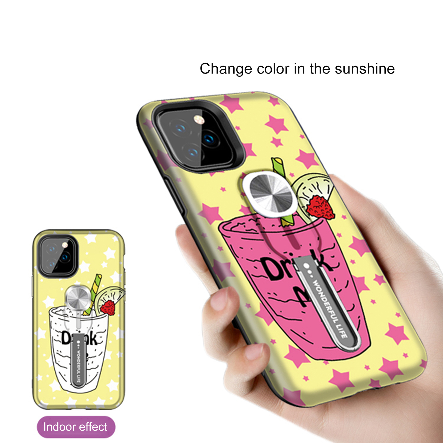 UV Light Color-changing Flower Pattern TPU+PC Phone Case with Finger Ring for iPhone 11 Pro 5.8 inch (2019) - Drink-5