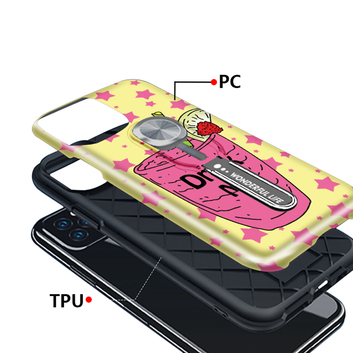 UV Light Color-changing Flower Pattern TPU+PC Phone Case with Finger Ring for iPhone 11 Pro 5.8 inch (2019) - Drink-7