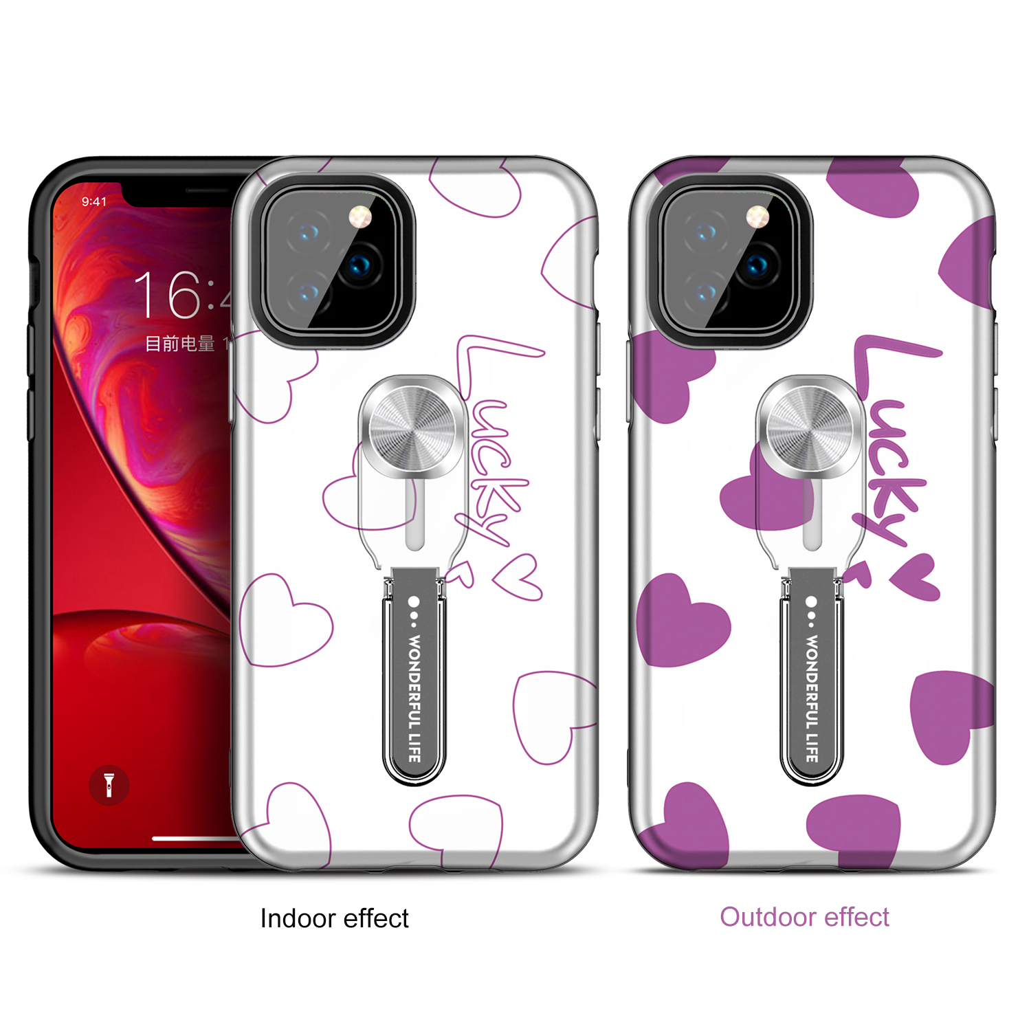 UV Light Color-changing Flower Pattern TPU+PC Phone Case with Finger Ring for iPhone 11 Pro 5.8 inch (2019) - Lucky-1