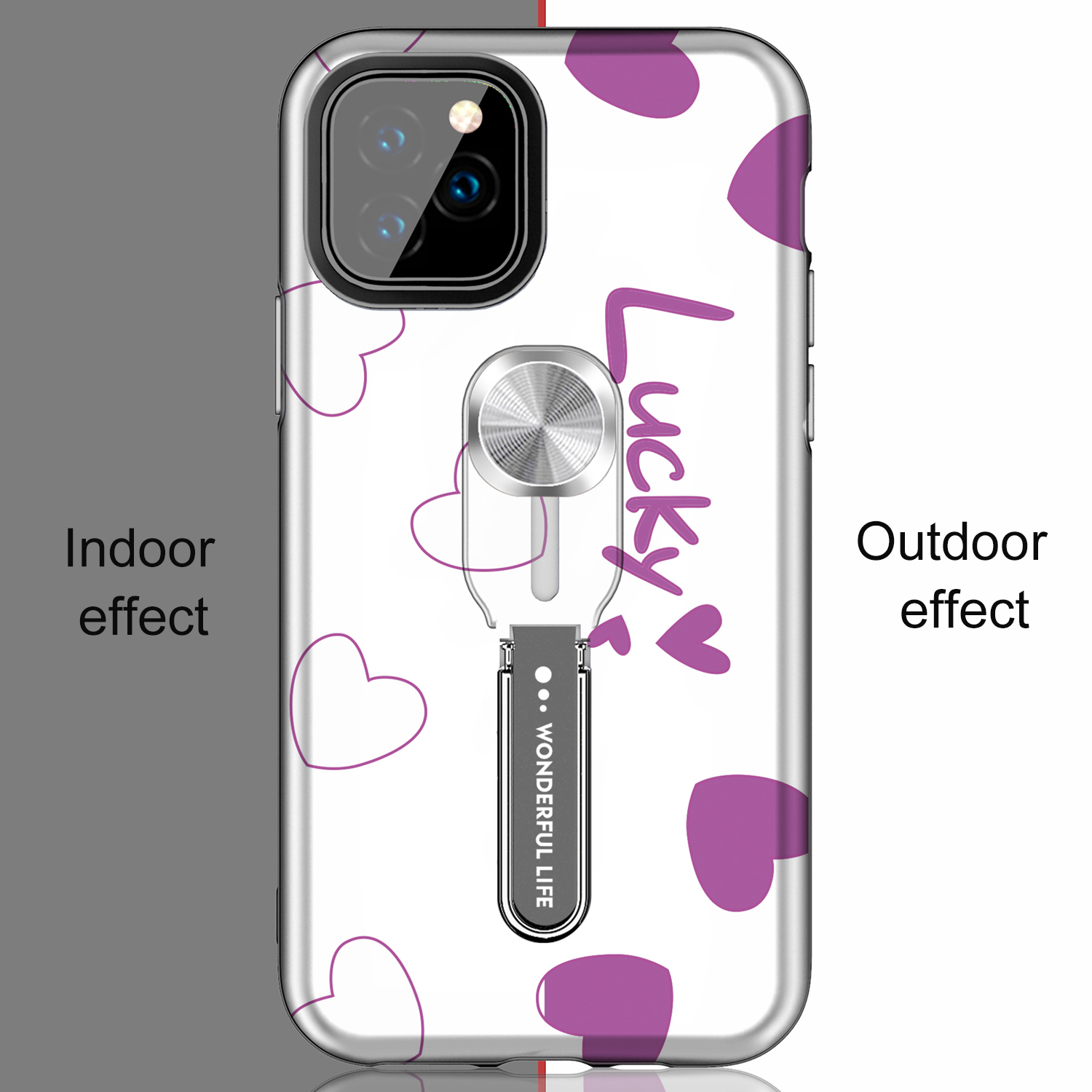 UV Light Color-changing Flower Pattern TPU+PC Phone Case with Finger Ring for iPhone 11 Pro 5.8 inch (2019) - Lucky-11