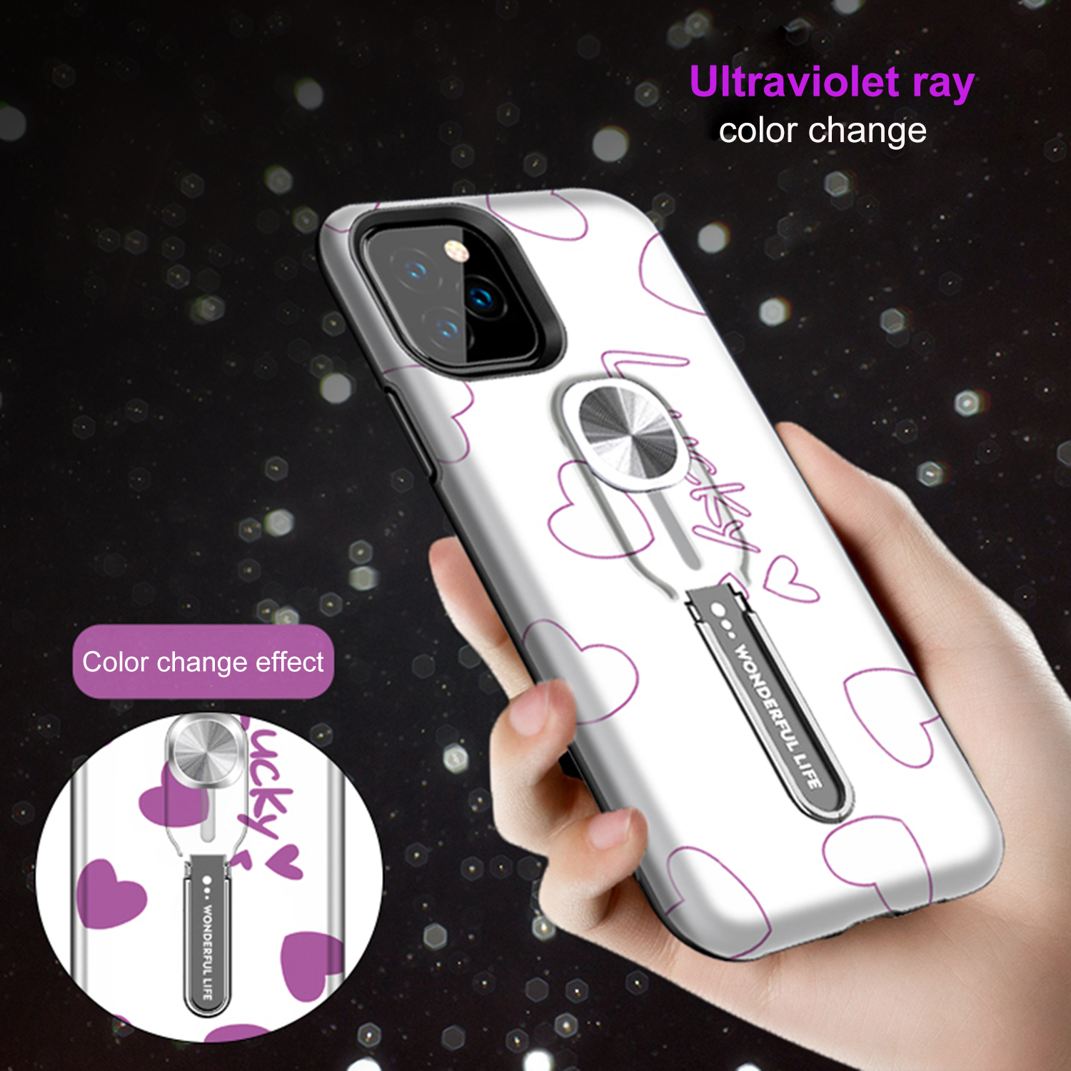 UV Light Color-changing Flower Pattern TPU+PC Phone Case with Finger Ring for iPhone 11 Pro 5.8 inch (2019) - Lucky-2