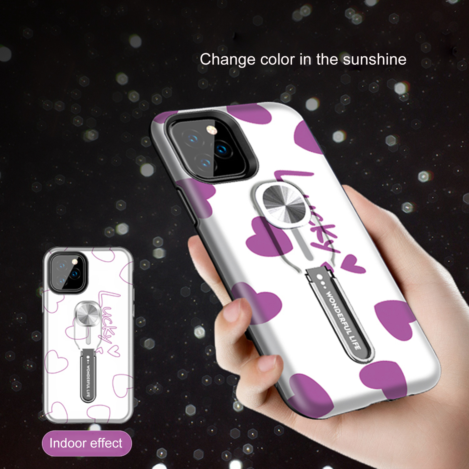 UV Light Color-changing Flower Pattern TPU+PC Phone Case with Finger Ring for iPhone 11 Pro 5.8 inch (2019) - Lucky-3