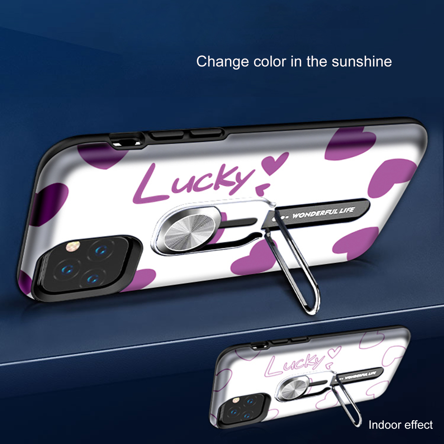 UV Light Color-changing Flower Pattern TPU+PC Phone Case with Finger Ring for iPhone 11 Pro 5.8 inch (2019) - Lucky-4